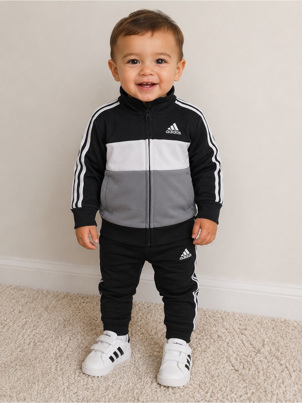 adidas Baby Boys 18M Black Gray Track Jacket Zip Up Athletic Lightweight